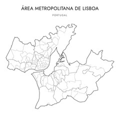 Vector Map of Lisbon Metropolitan Area Region (Área Metropolitana de Lisboa) with administrative borders of Districts, Municipalities (Concelhos) and Civil Parishes (Freguesias) as of 2023 - Portugal
