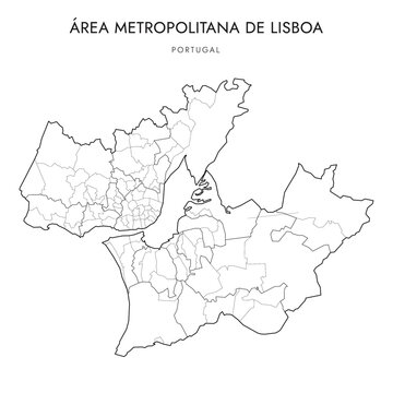 Vector Map of Lisbon Metropolitan Area Region (&Aacute;rea Metropolitana de Lisboa) with administrative borders of Districts, Municipalities (Concelhos) and Civil Parishes (Freguesias) as of 2023 - Portugal