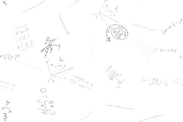 mathematical, physical, algebraic formulas and expressions. The scientific, vector background is hand-drawn on a white board.