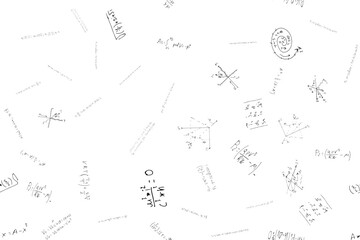 mathematical, physical, algebraic formulas and expressions. The scientific, vector background is hand-drawn on a white board.