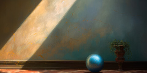 A picturesque old wall with a streak of light and a stone sphere and a vase. AI generation 