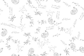 mathematical, physical, algebraic formulas and expressions. The scientific, vector background is hand-drawn on a white board.