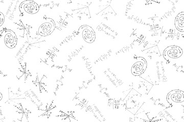 mathematical, physical, algebraic formulas and expressions. The scientific, vector background is hand-drawn on a white board.