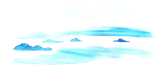 水彩で描いた海に浮かぶ島々の風景イラスト