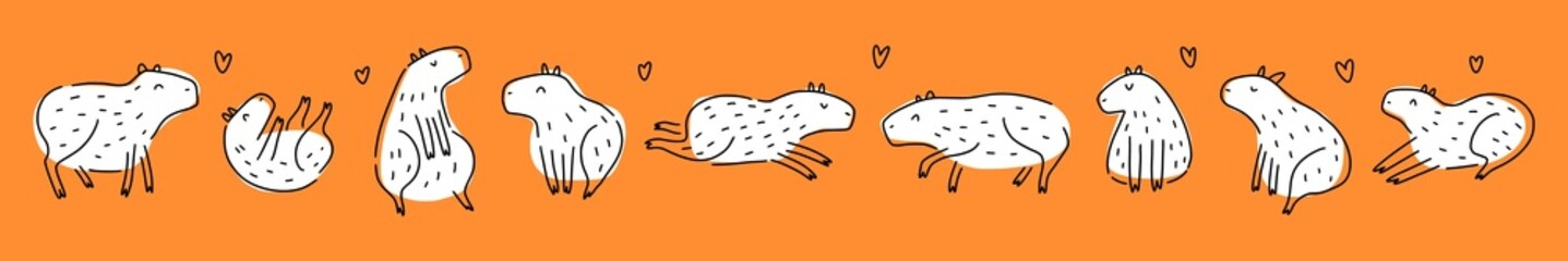 Horizontal illustration of the capybara collection, hand-drawn in doodle style