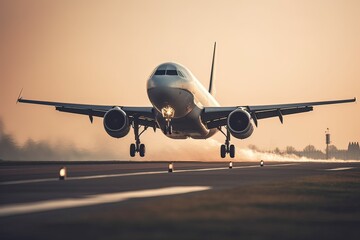 plane taking off from airport runways for traveling and transport business. Generative Ai.