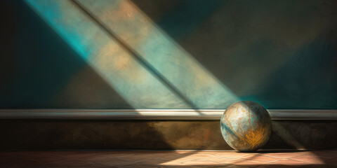 Scenic turquoise old wall with a streak of light and a sphere with golden lines. AI generation 