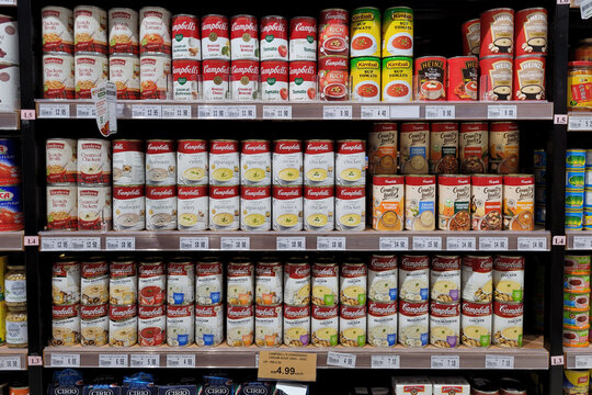 PENANG, MALAYSIA - 3 MAY 2023: A diverse range of local and imported canned soups is beautifully displayed on the store shelves at Jaya Grocer.