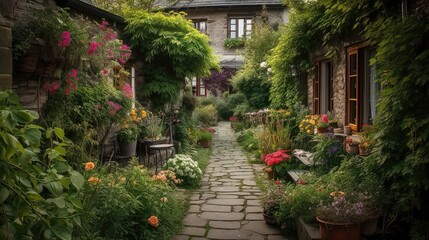 Fototapeta na wymiar Idyllic Village Blooms: Exploring a Cozy Garden Pathway 1. Generative AI