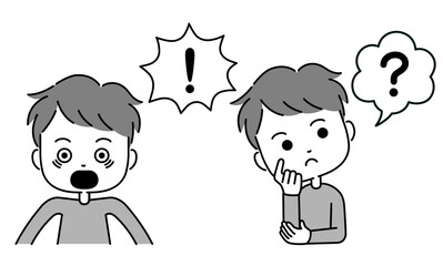 吹き出し付きの男性の感嘆符表現イラスト　モノクロ