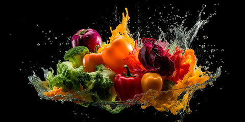 Flying fruits and vegetables splashes in to clear water on dark background. Fresh healthy food concept. Generative AI.