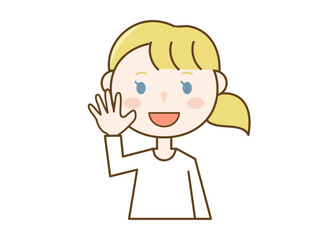 手を上げて笑顔で挨拶をするシンプルな若い外国人女性のイラスト_欧米金髪外人女性