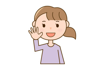 手を上げて笑顔で挨拶をするシンプルな若い女性のイラスト