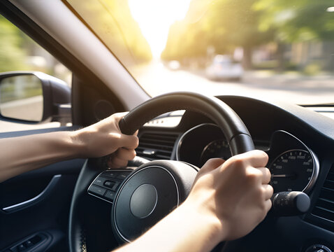 A person holding a driving wheel.