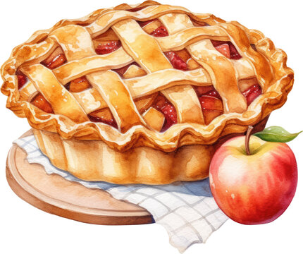 Tasty homemade apple pie. Hand drawn Watercolor. Generative AI.
