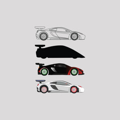 Front, top and side car projection. Flat illustration for designing icons