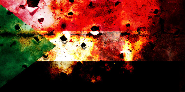Double exposure of Sudan flag. Symbols depicting the Civil War. The civil war between Sudanese government forces and the paramilitary "Rapid Support Forces". Suitable for base map or report descriptio