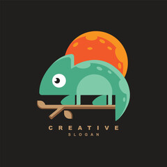 Creative night cute chameleon gecko on tree branch with moon logo design
