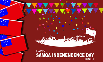 Samoan people celebrating Samoa independence celebration with decorative flag and background decoration of Samoan flag and poppers party paper with bold text celebrate Samoa Independence Day on June 1