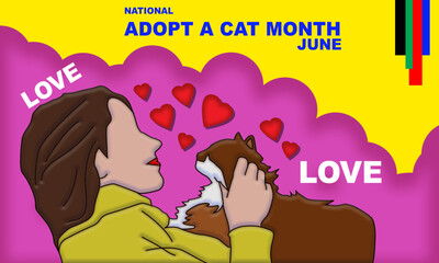 a woman hugging her newly adopted cat with affection and bold blue text commemorating National Adopt A Cat Month
