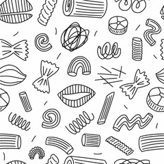 Vector pattern of pasta of different types, hand-drawn in the style of a doodle