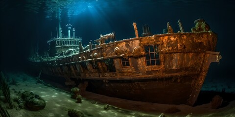 an old rusted ship in the middle of the ocean