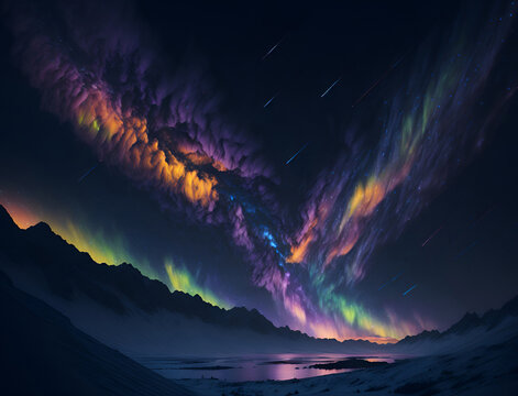 Aurora boreal con colores de arcoiris en un cielo nocturno estrellado, bandera gay
