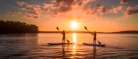 silhouette of a couple paddle boarding on a lake at sunset on their summer vacation.  A great water sport  to relax when you travel (genertaive AI)