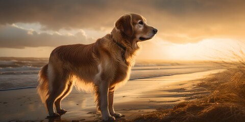 Golden Retriever, a large brown dog standing on top of a sandy beach