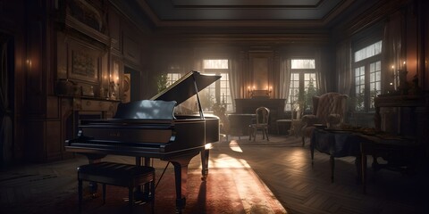 a piano sitting in a living room next to a window