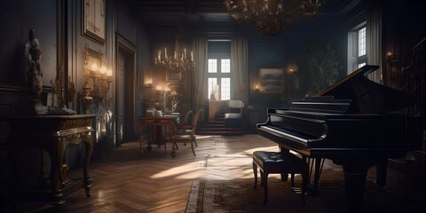 Fototapeta na wymiar a dark room with a grand piano and chandelier