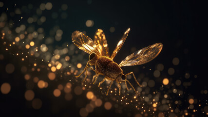 Imaginary Magical bokeh effect image of fireflies dancing in the dark blurred background, creating an enchanting atmosphere for Decorative Projects, Background, Christmas Celebration. AI Generated