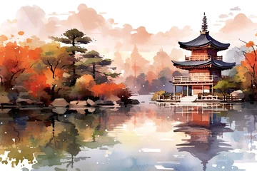 Zelfklevend Fotobehang Zalmroze japanese landscape in watercolor with a fairy garden, ink landscape painting created digitally Generative AI