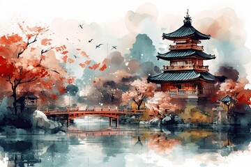 Fototapeta premium japanese landscape in watercolor with a fairy garden, ink landscape painting created digitally Generative AI