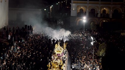 Scene Of Crowded People During The Procession On Easter Sunday With Andas In Antigua, Guatemala. Aerial Shot