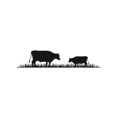 Obraz premium Cattle angus cow, cow and grass silhouette livestock farm logo design