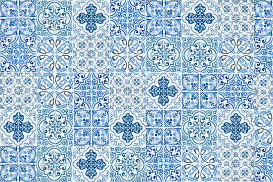 Colorful vintage ceramic tiles wall decoration. Turkish ceramic tiles wall background.