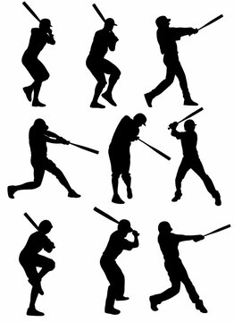 Vector set of Baseball Player Silhouettes, on white background