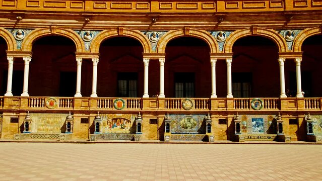 The tiled Provincial Alcoves in Plaza de Espana, Seville, Andalusia, Spain, a series of 48 tiled alcoves, each representing a Spanish province, designed by Anibal Gonzalez