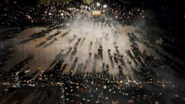 Men In Black Robes Filled The Streets With Incense On The Processional Pathway During Holy Week In Antigua, Guatemala. Aerial Topdown