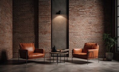 Modern office Interior with old vintage brick Wall. Art work business space. Generative Ai.