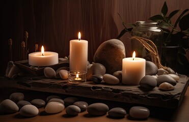 Obraz na płótnie Canvas Spa stones, towel and candles on color background. Spa composition and treatments on light wooden background, close-up. Generative Ai