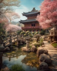 Japanese castle and Beautiful pink cherry blossom (sakura). Generative Ai.