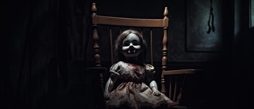 creepy doll sitting on a rocking chair in a dimly lit room with cobwebs hanging from the ceiling Generative AI