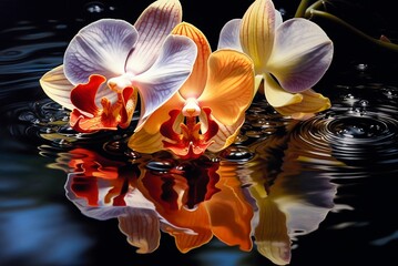 Orquídeas naranjas y violetas con reflejo en el agua