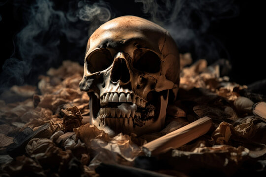 The striking image of a human skull surrounded by smoke and cigarettes, representing the fatal consequences of tobacco use on health, captured by AI Generative for medical and scientific purposes.