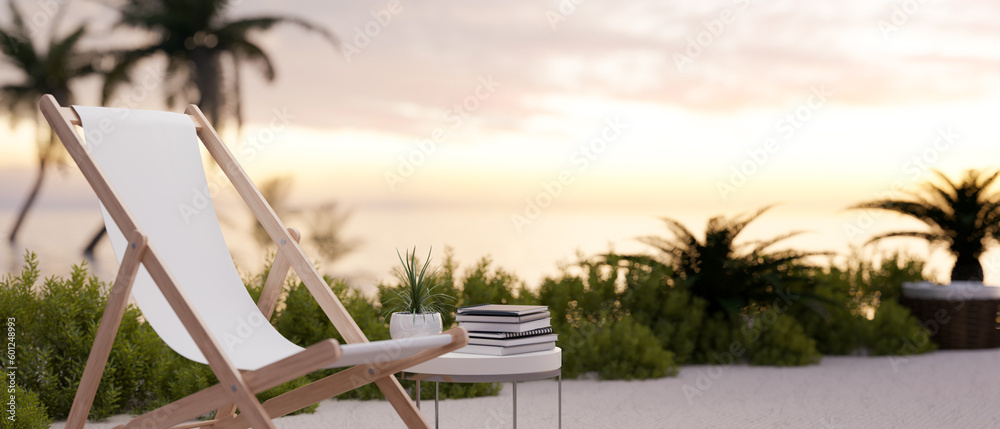 Wall mural Villa patio or terrace with beautiful ocean view, tropical trees, minimal white beach chair - Wall murals