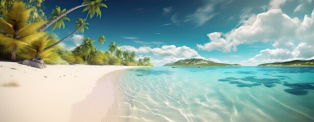 Obraz na płótnie Canvas Sky and sun at sea background, ocean and beach vector island scenery empty cartoon. Ocean or sea water with waves and clouds in sky summer blue seascape with cloudy sky and seaside. Generative Ai