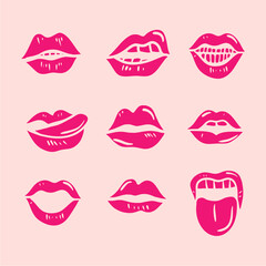 Hand Drawn Lips Pose Vector Pink Background