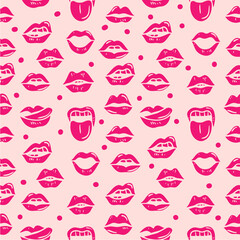 Hand Drawn Lips Pose Seamless Pattern Pink Background